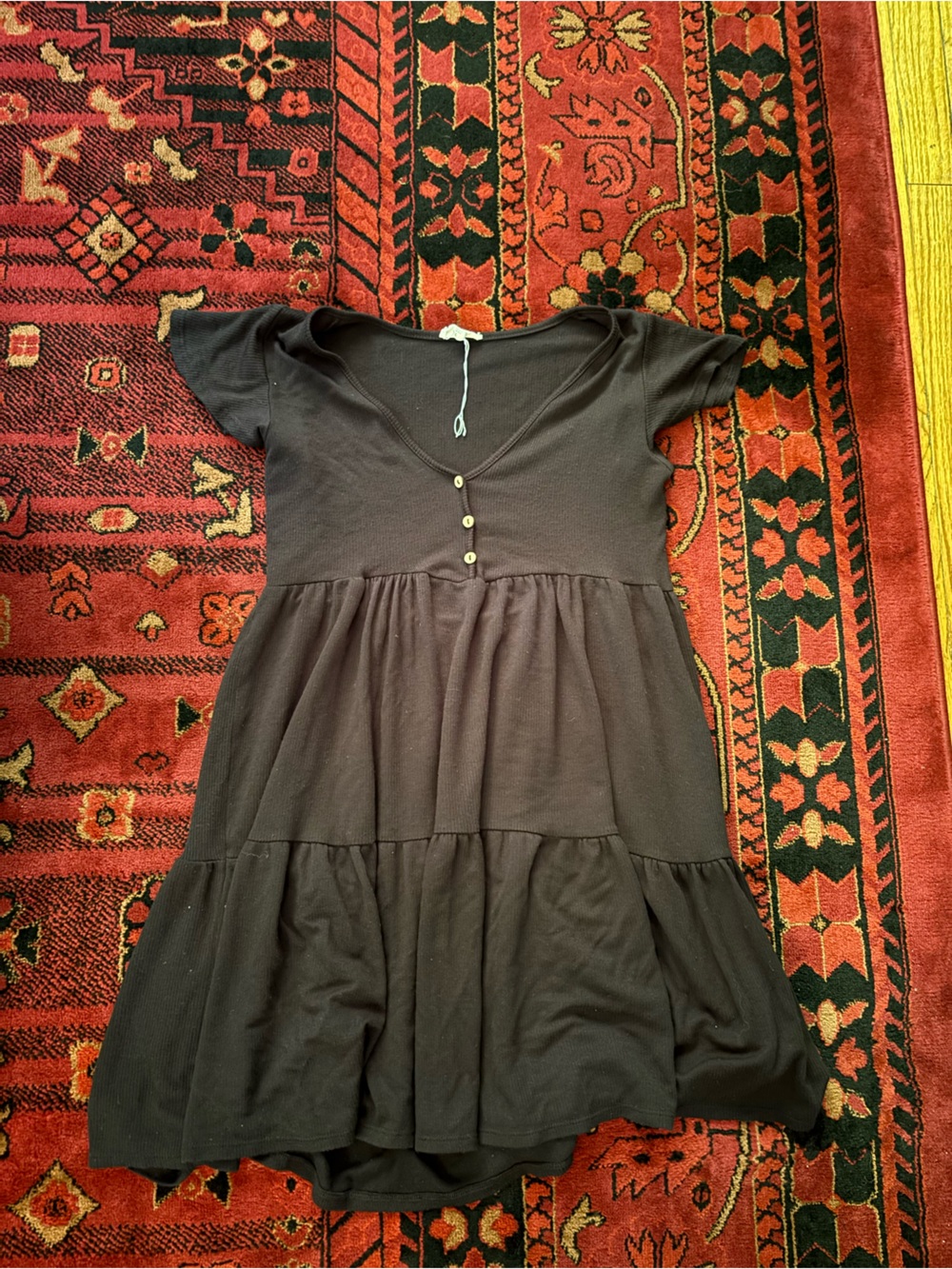 See You Monday Black Short-Sleeve Tiered Mini Dress